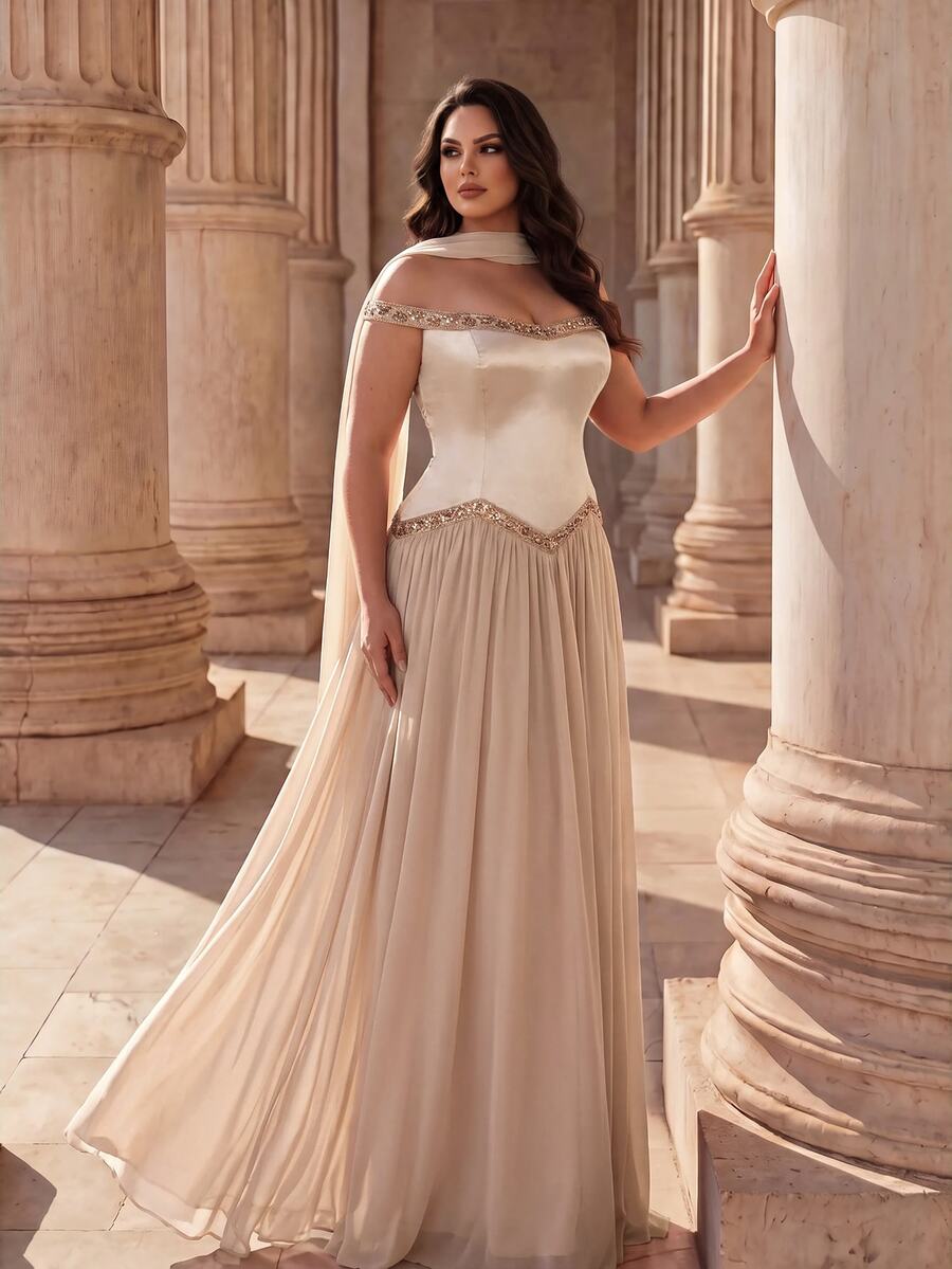 Coutiva Champagne Gold Off-Shoulder V-Neck Asymmetrical Ruched Satin Patchwork Full Skirt Chiffon Plus Size Long Evening Gown - Champagne - View 1