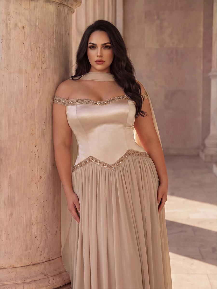 Coutiva Champagne Gold Off-Shoulder V-Neck Asymmetrical Ruched Satin Patchwork Full Skirt Chiffon Plus Size Long Evening Gown - Champagne - View 1