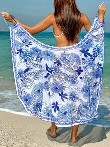 Swim Vcay Women's Dragon & Flower Printed Beach Wrap Kimono Cover Up, Perfect For Vacation,Summer Beach - Blue and White - View 1