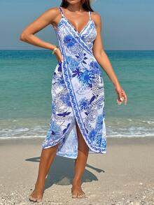 Swim Vcay Women's Dragon & Flower Printed Beach Wrap Kimono Cover Up, Perfect For Vacation,Summer Beach - Blue and White - View 3