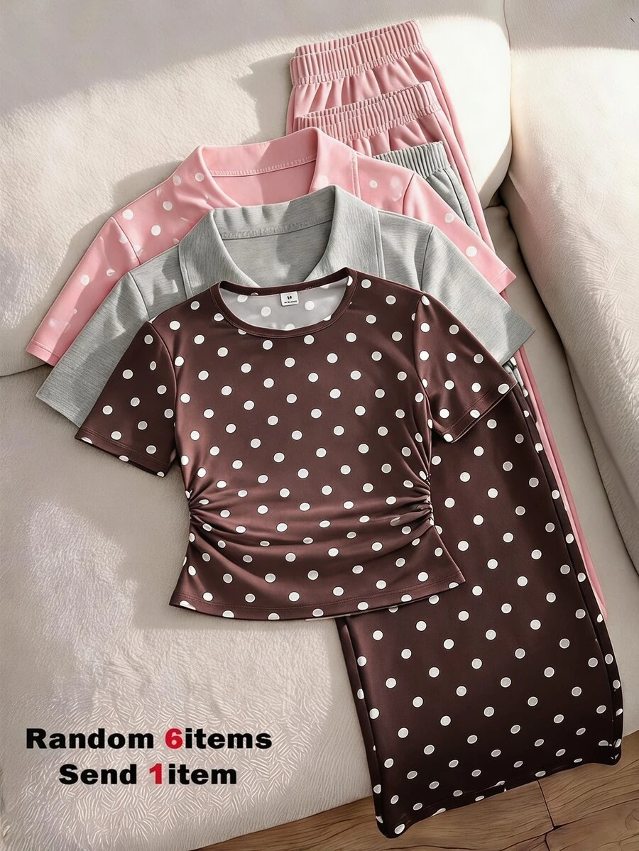 Tween Girls Halloween Party Baby Tee – Polka Dot Print, Y2K Short Sleeve, Ruched Knit Top 1pic - Brown - View 1