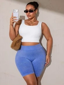 SHEIN Rhythm Era Plus Size Seamless Women's Tummy Control V-Back Athletic Sandwashed Shorts - Dusty Blue - View 7