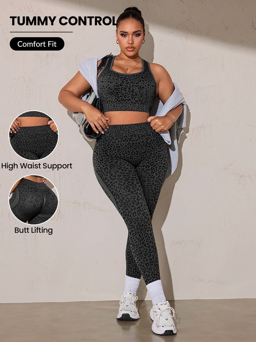 SHEIN Rhythm Era Plus Size Women Seamless Leopard Print Sports Bra And Leggings Set - Dark Grey - View 1