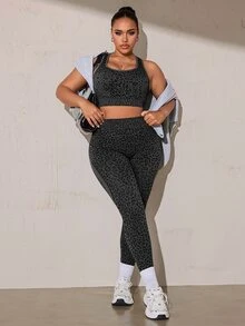 SHEIN Rhythm Era Plus Size Women Seamless Leopard Print Sports Bra And Leggings Set - Dark Grey - View 7