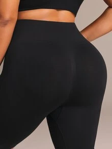 SHEIN Rhythm Era Women's Plus Size Solid Color High Waist Daily Fitness Sports Shorts - Black - View 5