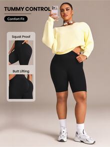 SHEIN Rhythm Era Women's Plus Size Solid Color High Waist Daily Fitness Sports Shorts - Black - View 1