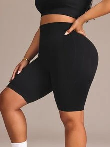 SHEIN Rhythm Era Women's Plus Size Solid Color High Waist Daily Fitness Sports Shorts - Black - View 6