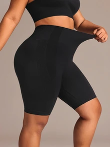 SHEIN Rhythm Era Women's Plus Size Solid Color High Waist Daily Fitness Sports Shorts - Black - View 3