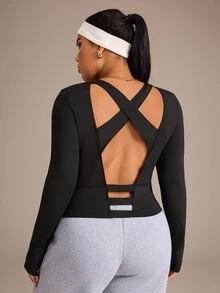 SHEIN Rhythm Era Plus Size Women's Criss-Cross Back Sports T-Shirt - Black - View 7