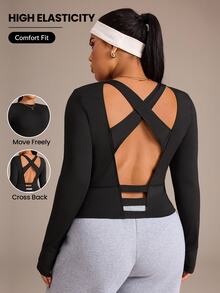 SHEIN Rhythm Era Plus Size Women's Criss-Cross Back Sports T-Shirt - Black - View 1