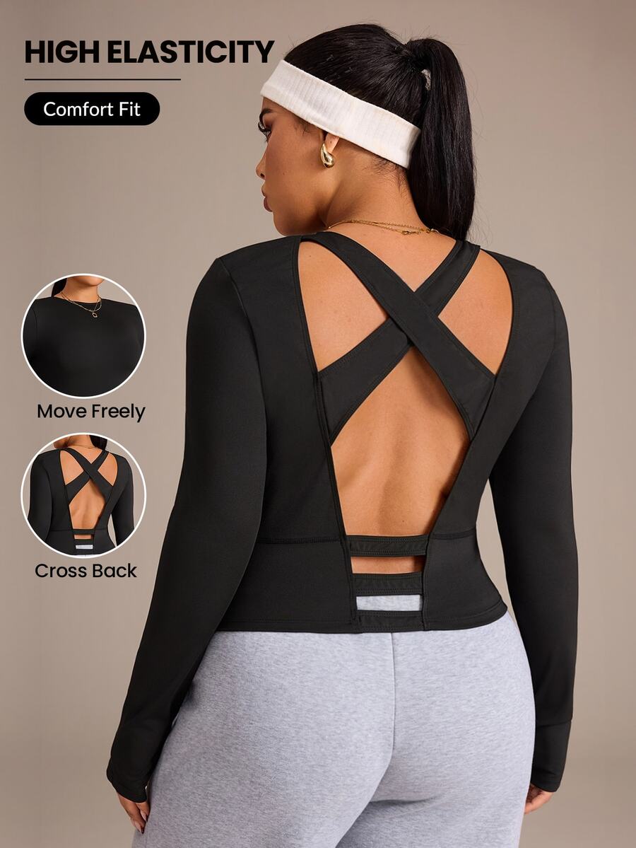 SHEIN Rhythm Era Plus Size Women's Criss-Cross Back Sports T-Shirt - Black - View 1