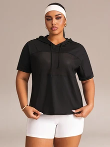 Rhythm Era Kaos Olahraga Wanita Ukuran Besar Minimalis Berbahan Jala dengan Tudung Lengan Pendek - Hitam - View 3