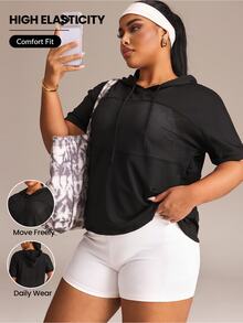 Rhythm Era Kaos Olahraga Wanita Ukuran Besar Minimalis Berbahan Jala dengan Tudung Lengan Pendek - Hitam - View 1