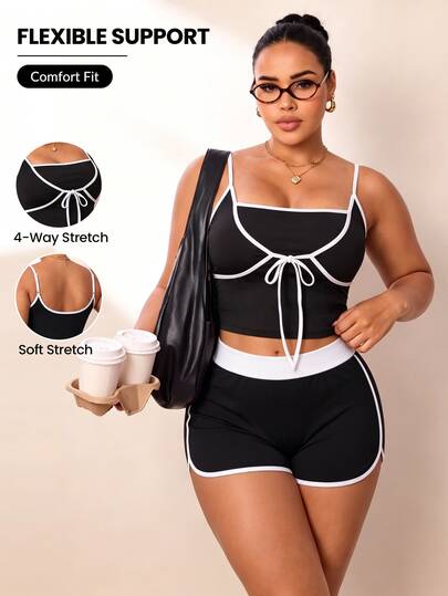 SHEIN Rhythm Era Women's Plus Size Black And White Contrast Trim Spaghetti Strap Sports Tank Top, Outdoor Casual Alternative Tropical Workout Yoga Camisole Gym Summer