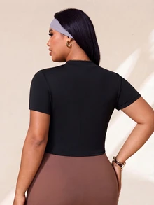 Rhythm Era Plus Contrast Piping Half Zip Sports Tee Pilates Gym Black And White Summer - Black - View 2