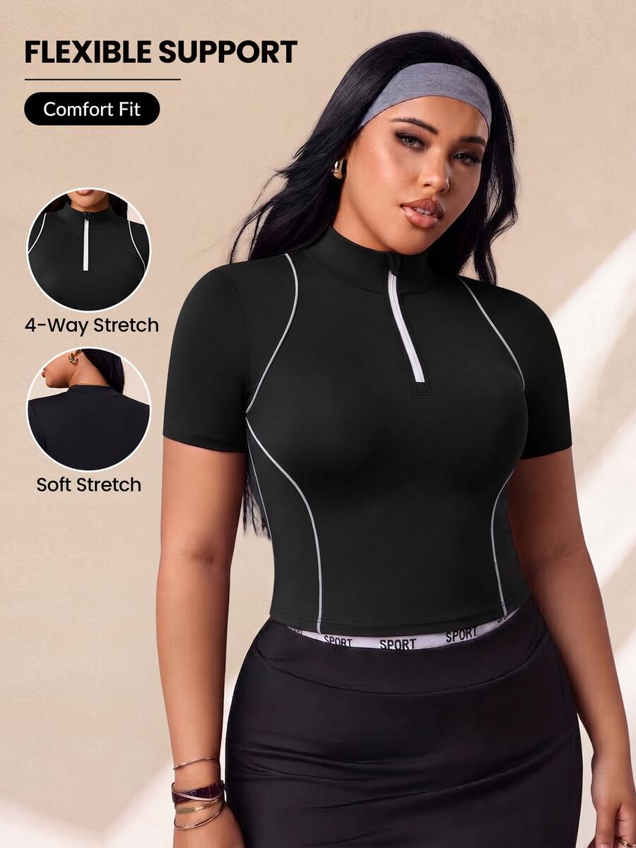 Rhythm Era Plus Contrast Piping Half Zip Sports Tee Pilates Gym Black And White Summer - Black - View 1