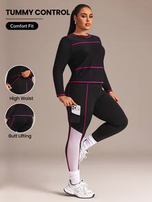 SHEIN Rhythm Era Women's Plus Size Round Neck Striped Long Sleeve Top And Colorblock Pants Sports Set - Black and White - View 8