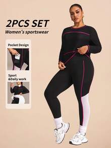 SHEIN Rhythm Era Women's Plus Size Round Neck Striped Long Sleeve Top And Colorblock Pants Sports Set - Black and White - View 1