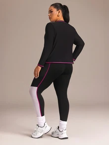 SHEIN Rhythm Era Women's Plus Size Round Neck Striped Long Sleeve Top And Colorblock Pants Sports Set - Black and White - View 2