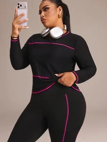 SHEIN Rhythm Era Women's Plus Size Round Neck Striped Long Sleeve Top And Colorblock Pants Sports Set - Black and White - View 5
