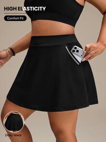 SHEIN Rhythm Era Plus Size Women's High Waist Pocket Skort For Daily Wear And Fitness - Black - View 1