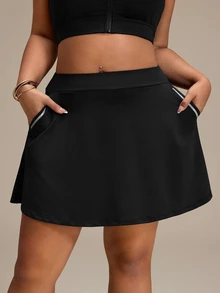 SHEIN Rhythm Era Plus Size Women's High Waist Pocket Skort For Daily Wear And Fitness - Black - View 3