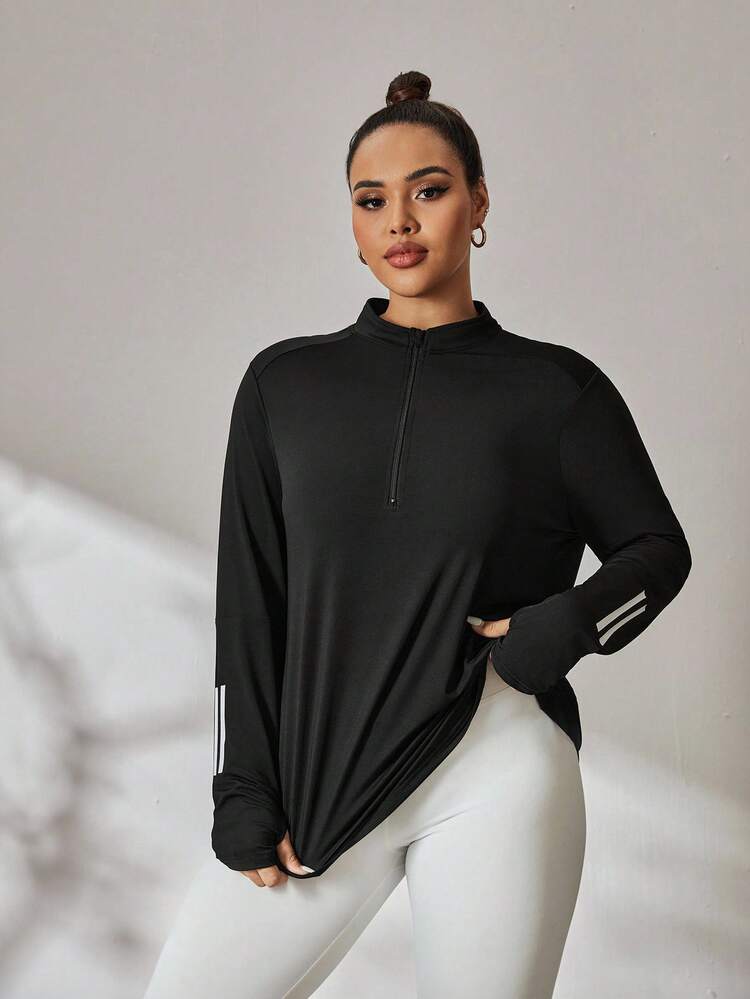 Rhythm Era Plus Size Color Block Stripe Thumb Hole Long Sleeve Sports Sweatshirt Summer Gym Active Black - Black - View 5