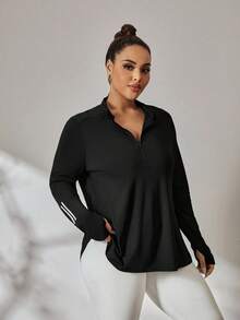 Rhythm Era Plus Size Color Block Stripe Thumb Hole Long Sleeve Sports Sweatshirt Summer Gym Active Black - Black - View 6