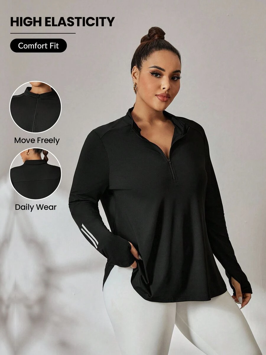 Rhythm Era Plus Size Color Block Stripe Thumb Hole Long Sleeve Sports Sweatshirt Summer Gym Active Black - Black - View 1