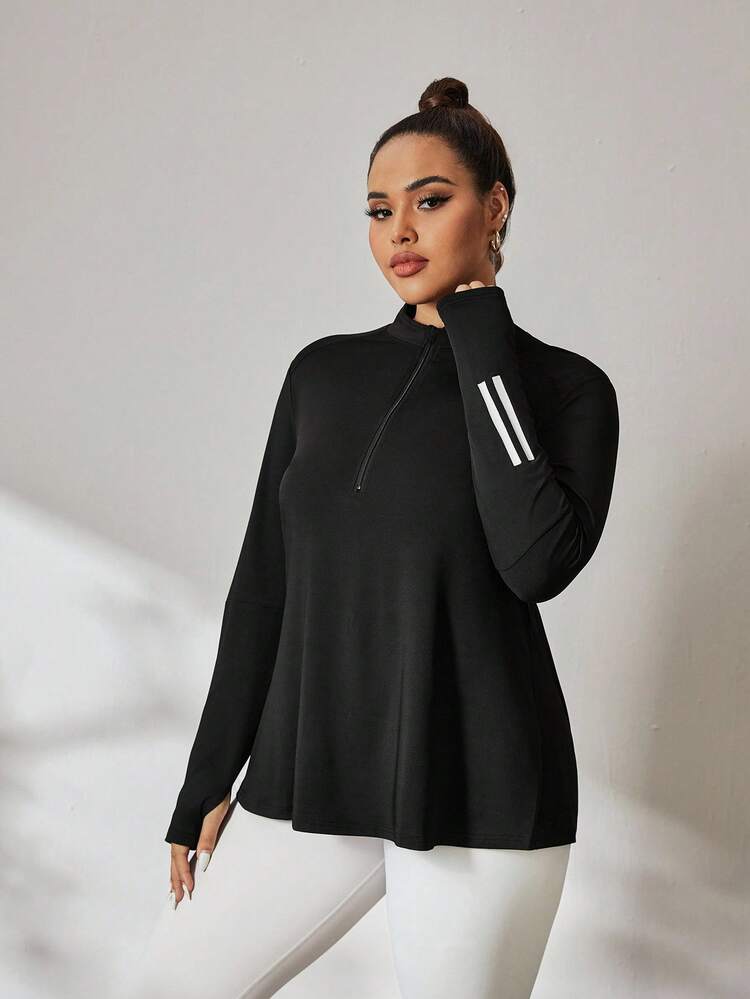 Rhythm Era Plus Size Color Block Stripe Thumb Hole Long Sleeve Sports Sweatshirt Summer Gym Active Black - Black - View 4