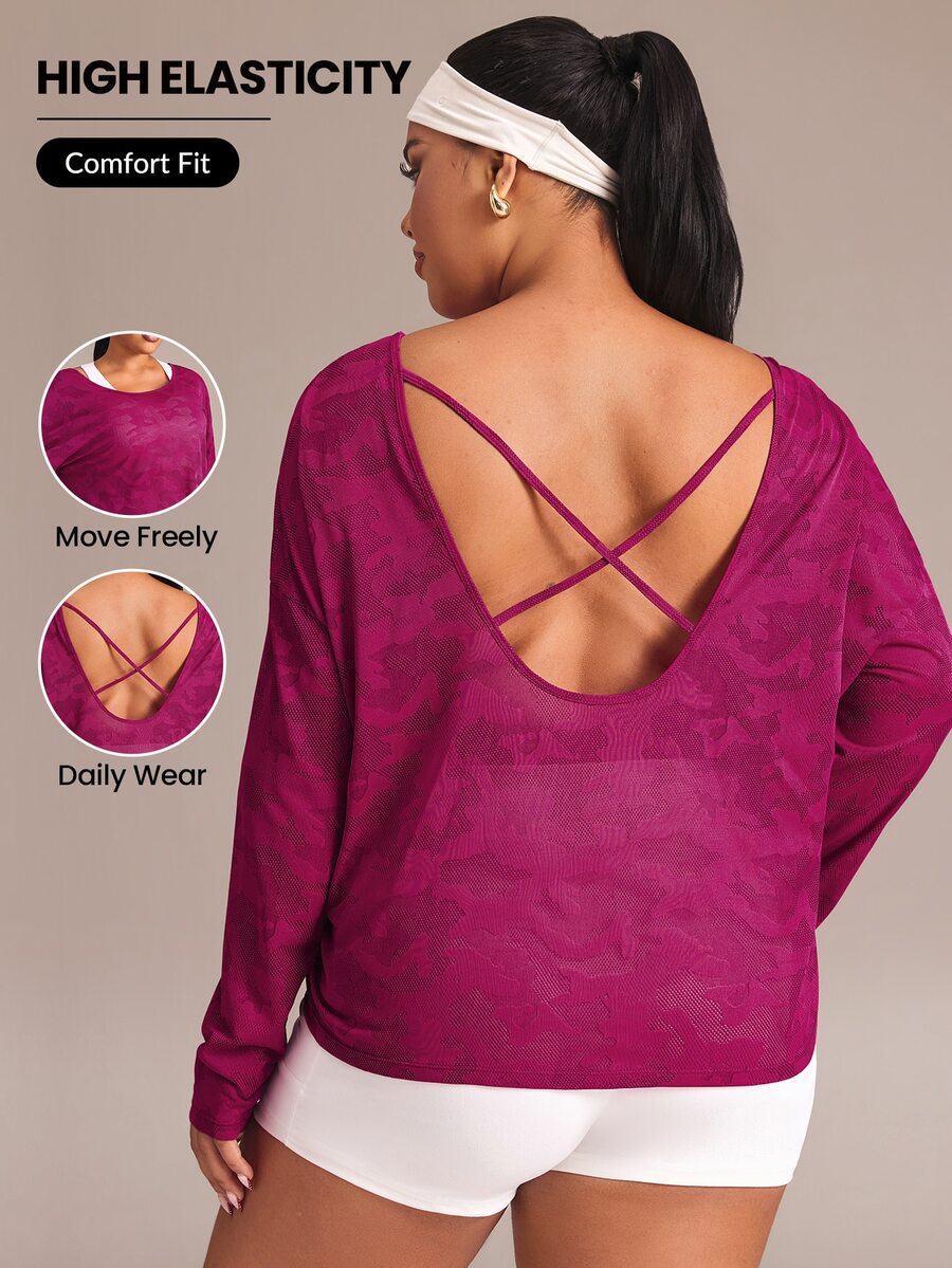 SHEIN Rhythm Era Women's Plus Size Camouflage Loose Fit Long Sleeve Sports T-Shirt Fall - Purple - View 1