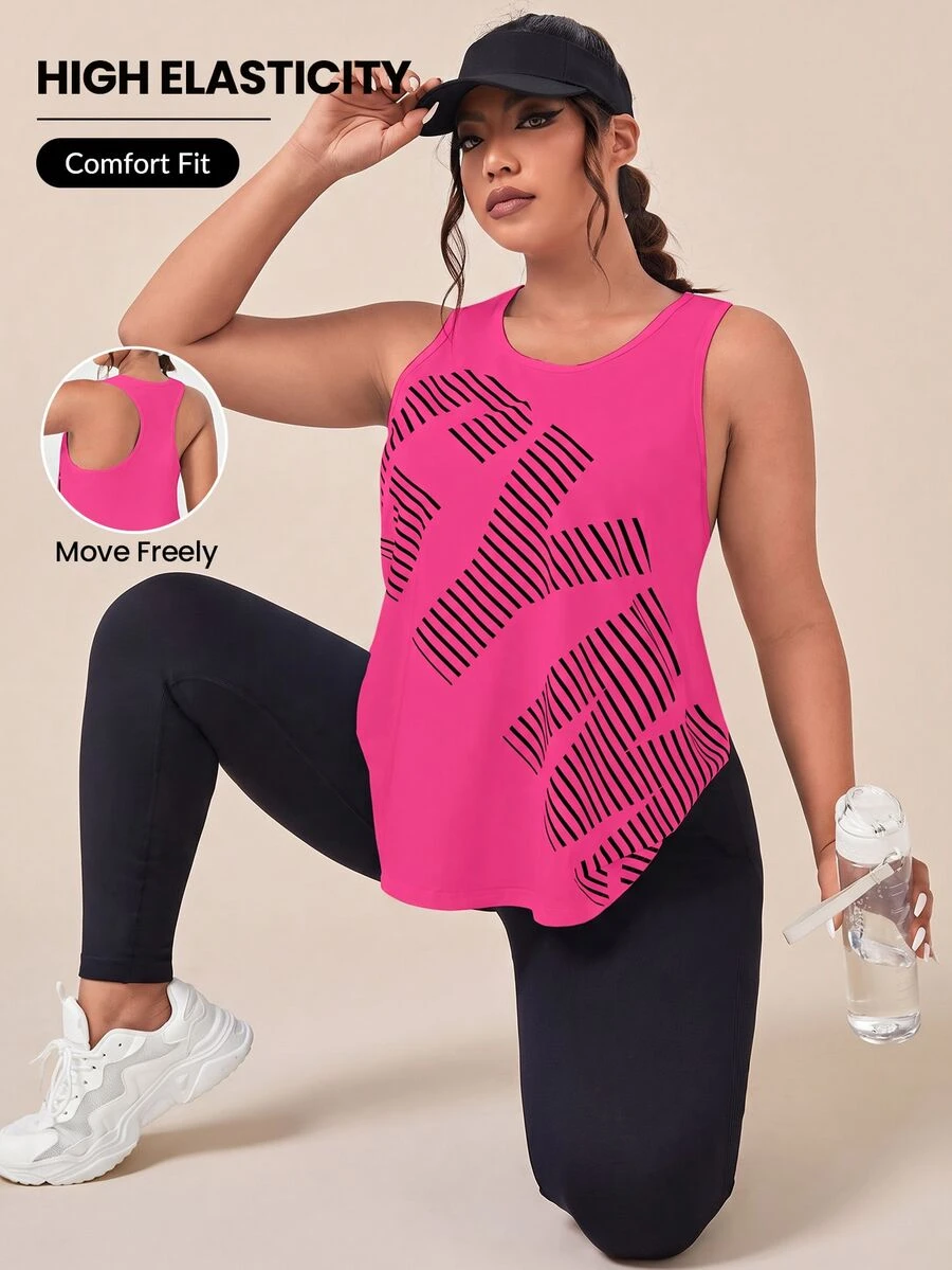 SHEIN Rhythm Era Atasan Olahraga Kasual Harian Wanita Ukuran Besar dengan Motif Huruf - Hot Pink - View 1