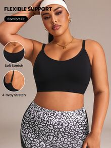 SHEIN Rhythm Era Women's Seamless Plus Size Solid Color Casual Sports Bra - Black - View 1