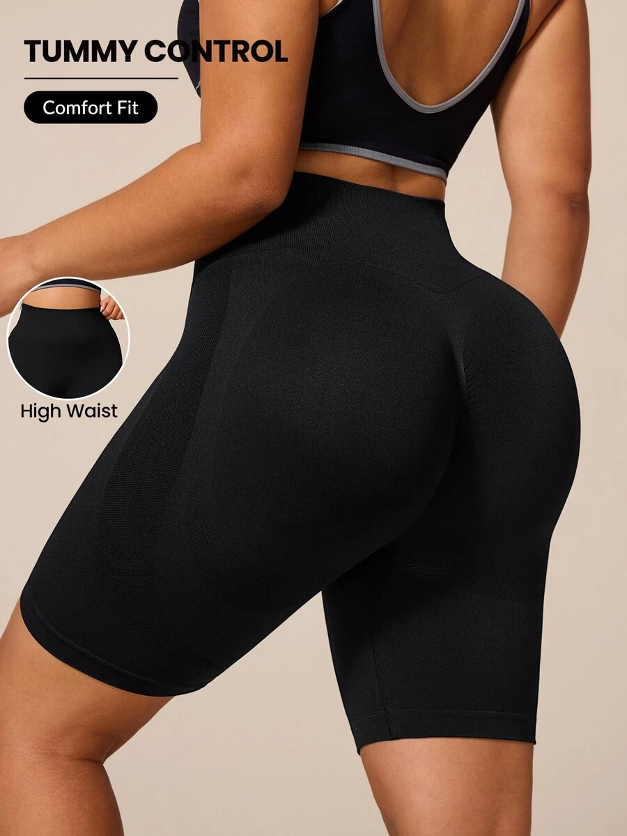 BamGleam Plus Size Women's Solid Color High Waist Seamless Sports Shorts Gym Active Black Summer - Black - View 1