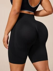 BamGleam Plus Size Women's Solid Color High Waist Seamless Sports Shorts Gym Active Black Summer - Black - View 4