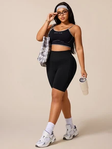 BamGleam Plus Size Women's Solid Color High Waist Seamless Sports Shorts Gym Active Black Summer - Black - View 6