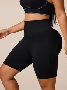BamGleam Plus Size Women's Solid Color High Waist Seamless Sports Shorts Gym Active Black Summer - Black - View 5