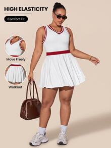 Rhythm Era Women's Plus Size Patchwork Striped V-Neck Sleeveless Casual Fitness Sports Dress With Shorts - White - View 8