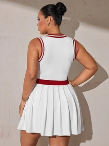 Rhythm Era Women's Plus Size Patchwork Striped V-Neck Sleeveless Casual Fitness Sports Dress With Shorts - White - View 2