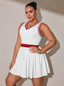 Rhythm Era Women's Plus Size Patchwork Striped V-Neck Sleeveless Casual Fitness Sports Dress With Shorts - White - View 6