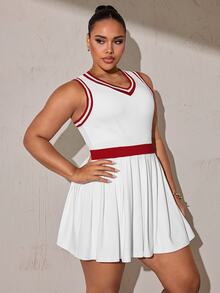 Rhythm Era Women's Plus Size Patchwork Striped V-Neck Sleeveless Casual Fitness Sports Dress With Shorts - White - View 5