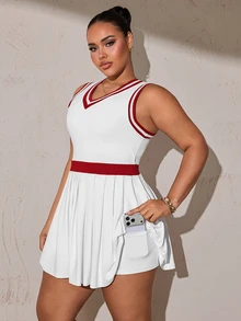 Rhythm Era Women's Plus Size Patchwork Striped V-Neck Sleeveless Casual Fitness Sports Dress With Shorts - White - View 4