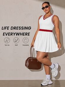 Rhythm Era Women's Plus Size Patchwork Striped V-Neck Sleeveless Casual Fitness Sports Dress With Shorts - White - View 3