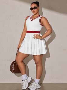 Rhythm Era Women's Plus Size Patchwork Striped V-Neck Sleeveless Casual Fitness Sports Dress With Shorts - White - View 7