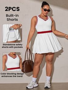Rhythm Era Women's Plus Size Patchwork Striped V-Neck Sleeveless Casual Fitness Sports Dress With Shorts - White - View 1