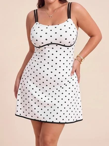 SHEIN Rhythm Era Women's Plus Size Polka Dot Print Spaghetti Strap Sports Tropical Elegant Dress With Shorts Sports Workout White Summer - White - View 3