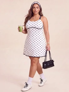 SHEIN Rhythm Era Women's Plus Size Polka Dot Print Spaghetti Strap Sports Tropical Elegant Dress With Shorts Sports Workout White Summer - White - View 7