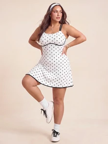 SHEIN Rhythm Era Women's Plus Size Polka Dot Print Spaghetti Strap Sports Tropical Elegant Dress With Shorts Sports Workout White Summer - White - View 5