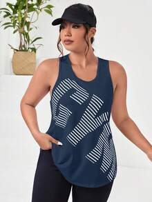 SHEIN Unity Plus Size Women's Letter Print Daily Fitness Workout Racerback Tank Top - Royal Blue - View 3