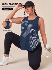 SHEIN Unity Plus Size Women's Letter Print Daily Fitness Workout Racerback Tank Top - Royal Blue - View 1